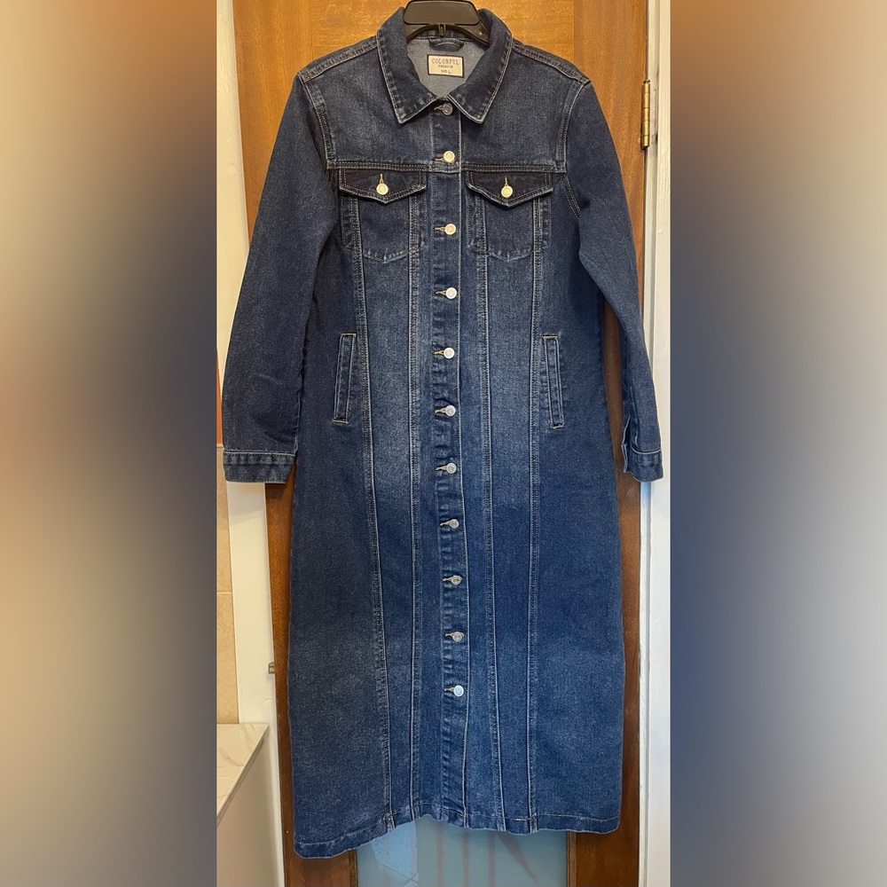 Colorful Premium Longline Dark Denim Button Duster Coat Jacket